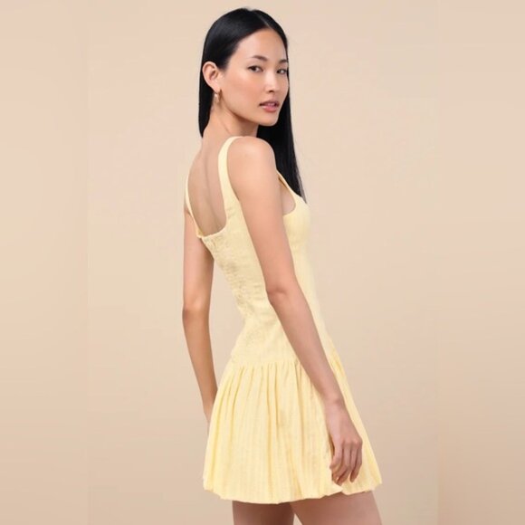 Lulus Khamari Yellow Textured Drop Waist Bubble-HemMini Dress - Picture 2 of 9